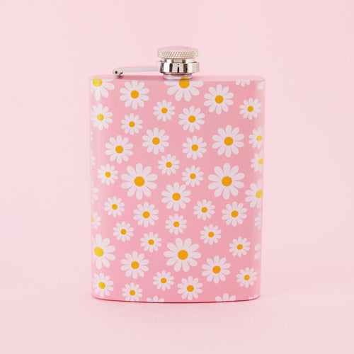 Daisy Print Tall Light Pink Hip Flask