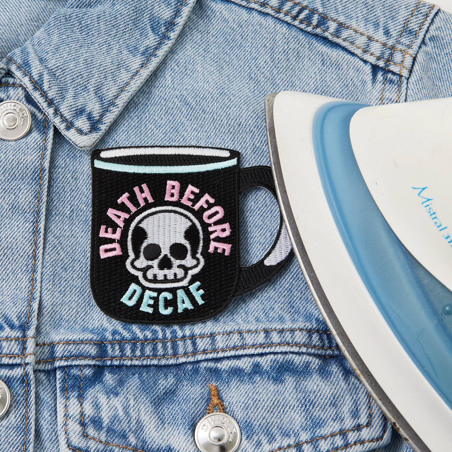 Punky Pins Death Before Decaf Embroidered Iron On Patch