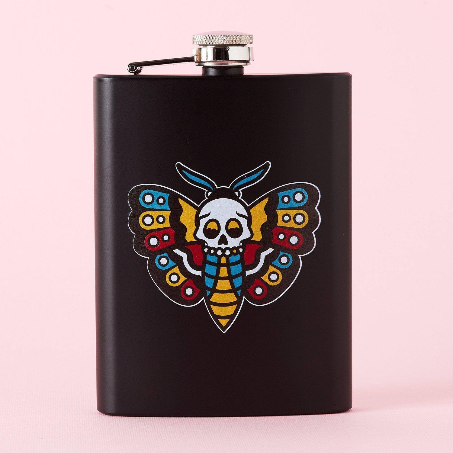 Punky Pins Death Head Moth Tattoo Tall Black Hip Flask