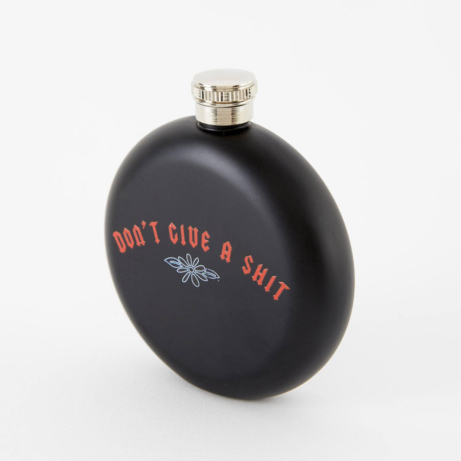 Punky Pins Don't Give A Shit - Round Black Hip Flask