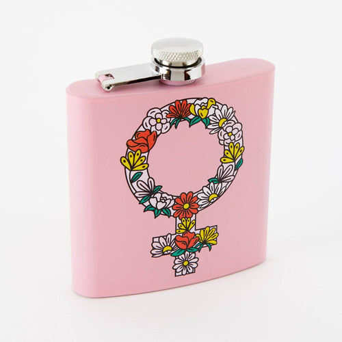 Punky Pins Floral Feminist Hip Flask - Light Pink