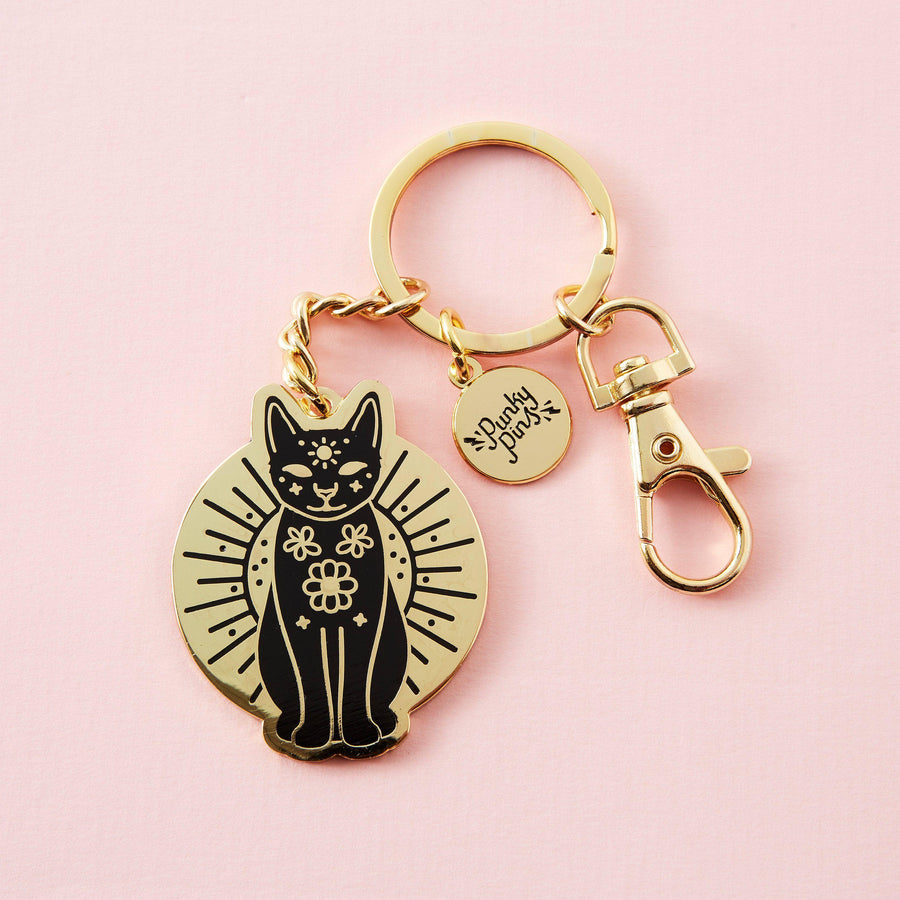 Punky Pins Gold And Black Mystic Cat Hard Enamel Keyring