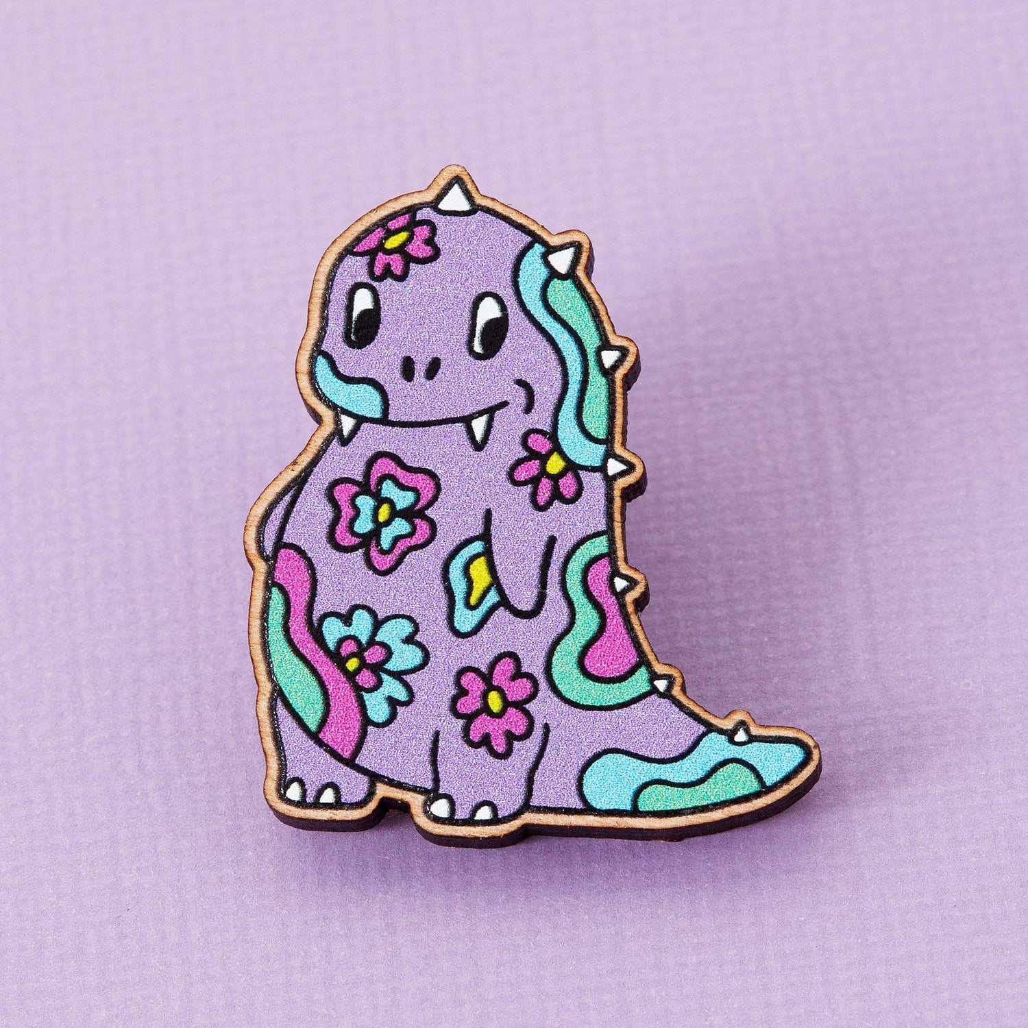 Punky Pins Psychedelic Print Dinosaur Wooden Eco Pin