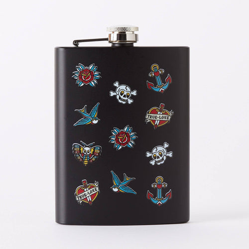 Punky Pins Tattoo Print Tall Black Hip Flask