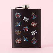 Punky Pins Tattoo Print Tall Black Hip Flask