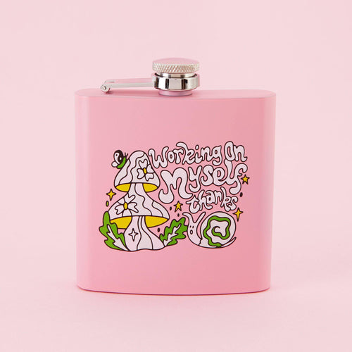 Working On Myself Thanks Hip Flask - Light Pink