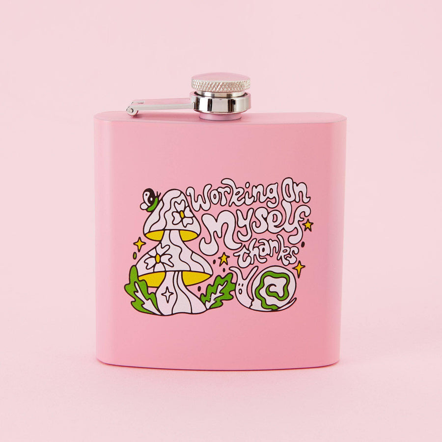 Punky Pins Working On Myself Thanks Hip Flask - Light Pink