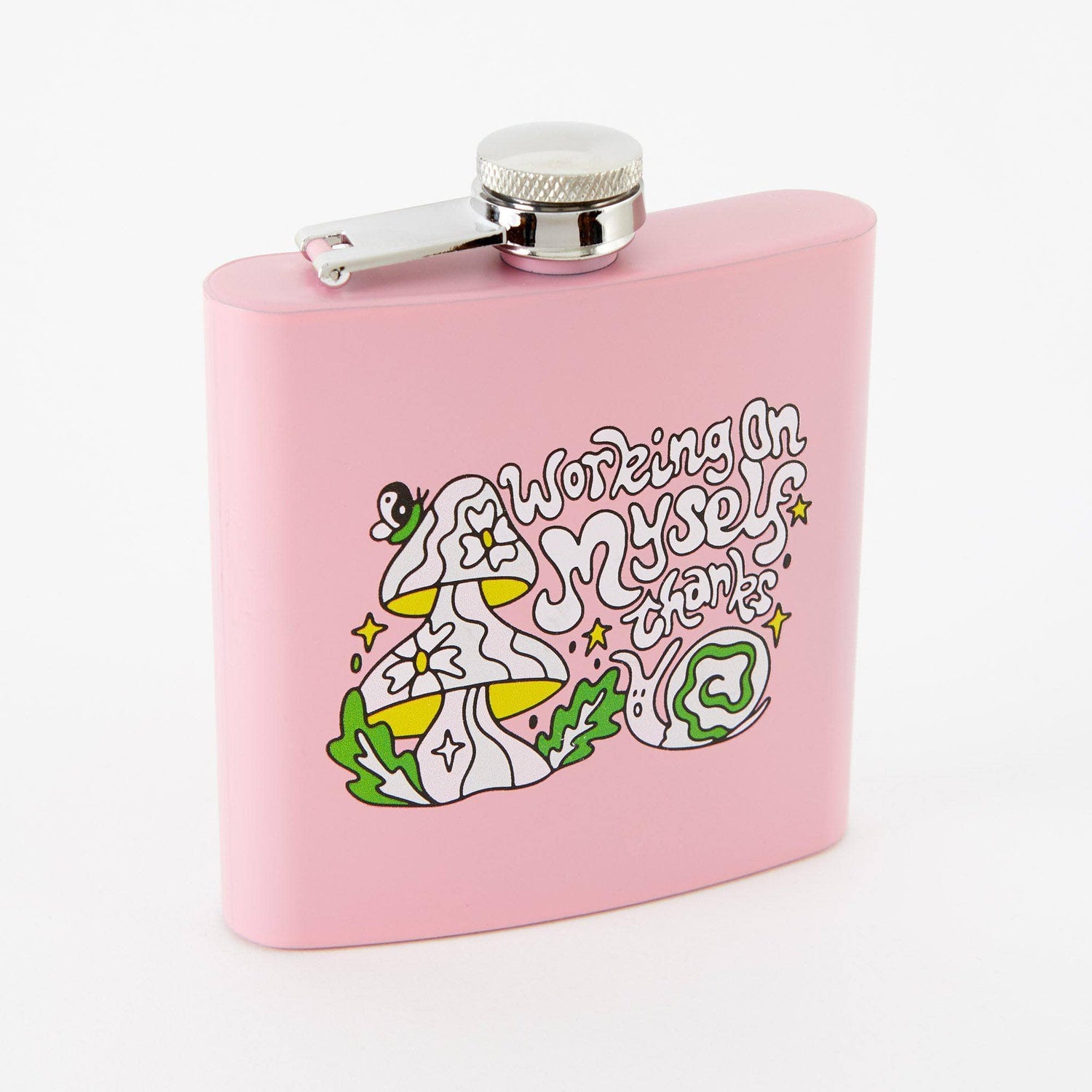 Punky Pins Working On Myself Thanks Hip Flask - Light Pink