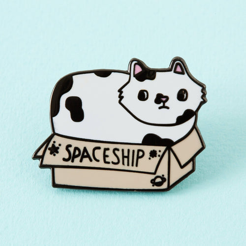 Spaceship Cat in a Box Enamel Pin